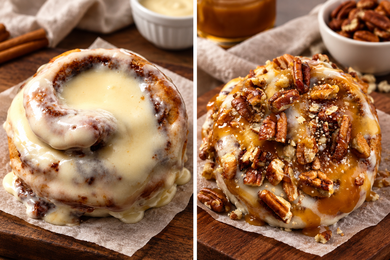Baskets & Things cinnamon rolls — plain with cream cheese icing beside a fully loaded roll with toasted pecans and caramel drizzle